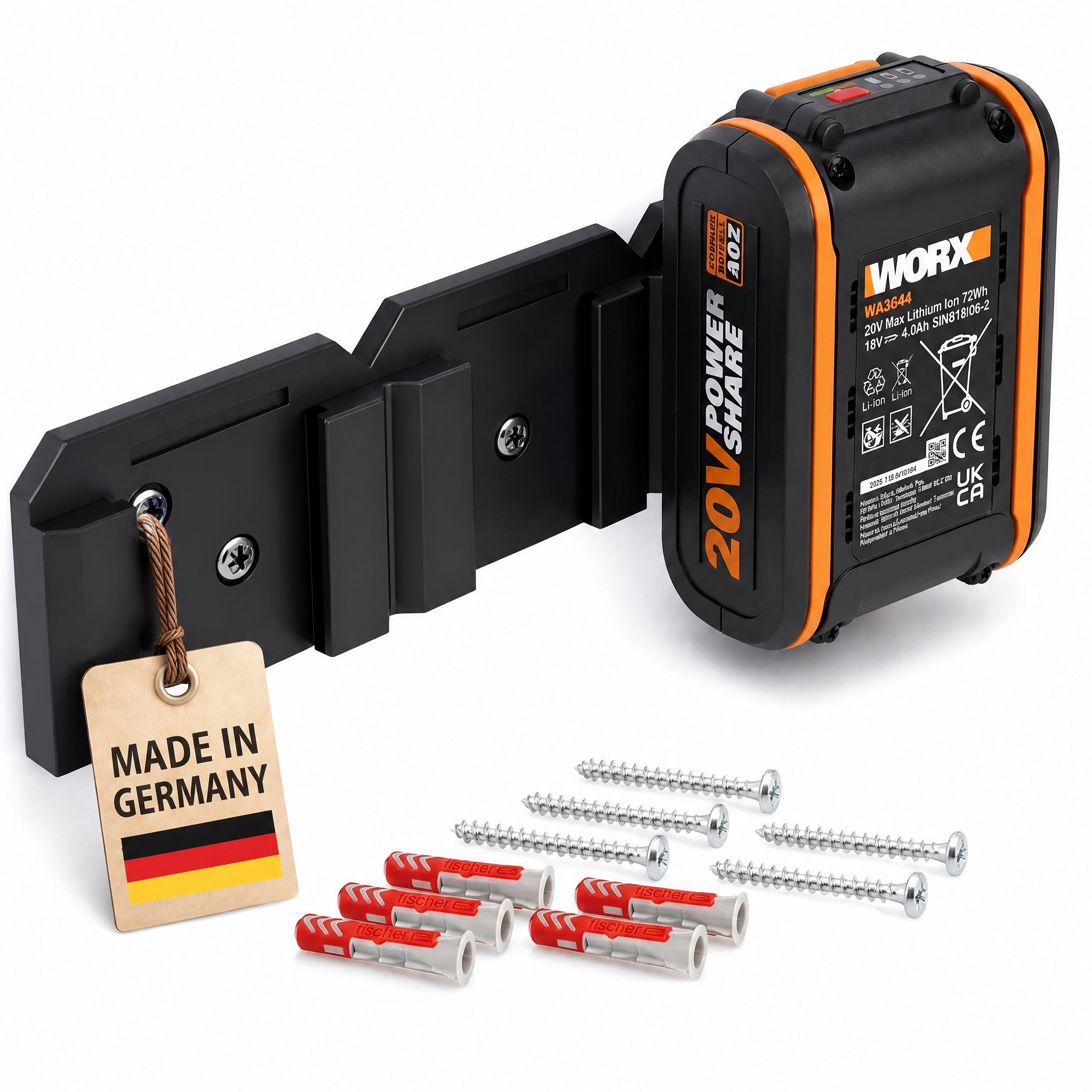 Babotech Akku Wandhalterung für 3 WORX 20V PowerShare Akkus Halter Werkstatt Schwarz